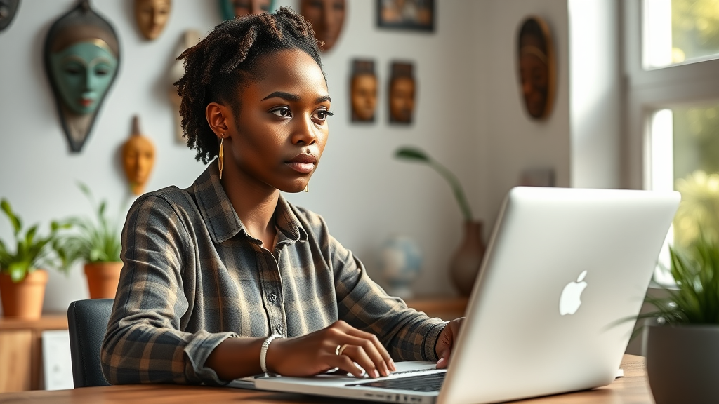africana woman focused in virtual mentorship session with African-inspired background