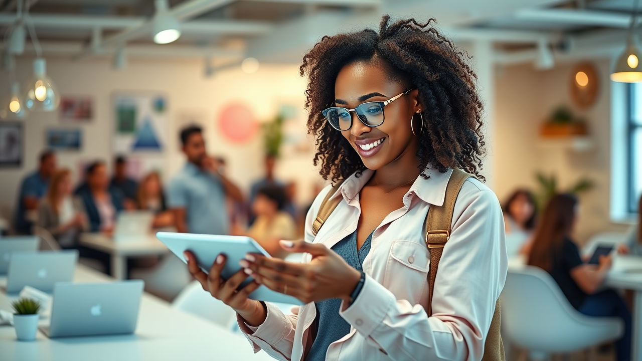 Ambitious young female entrepreneur networking and developing exclusive women in business mindset strategies on a tablet