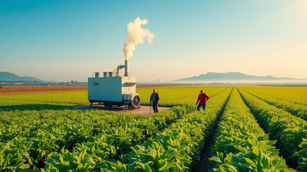 Steam distillation process in lush agricultural landscape with a small steam distillation plant and workers tending crops