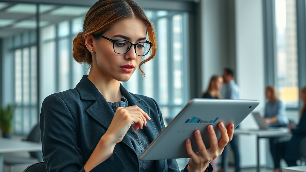 Thoughtful woman executive in modern office, reviewing diversity charts on a digital tablet. business growth strategies for women executives.