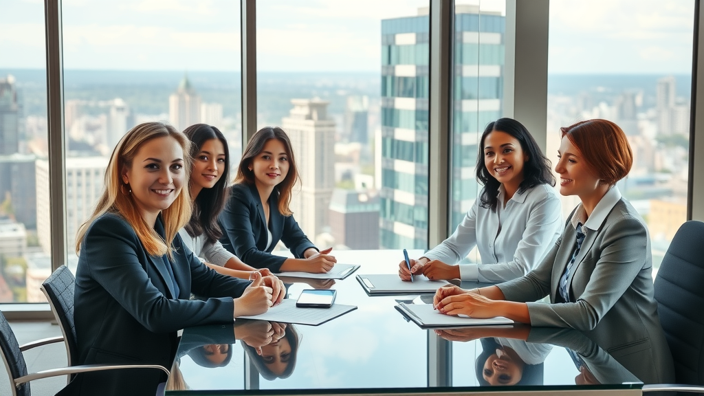 Inspiring group of professional women in business attire, confident expressions, discussing strategies around a modern office table. Large cityscape visible through panoramic windows. business growth strategies for women executives.