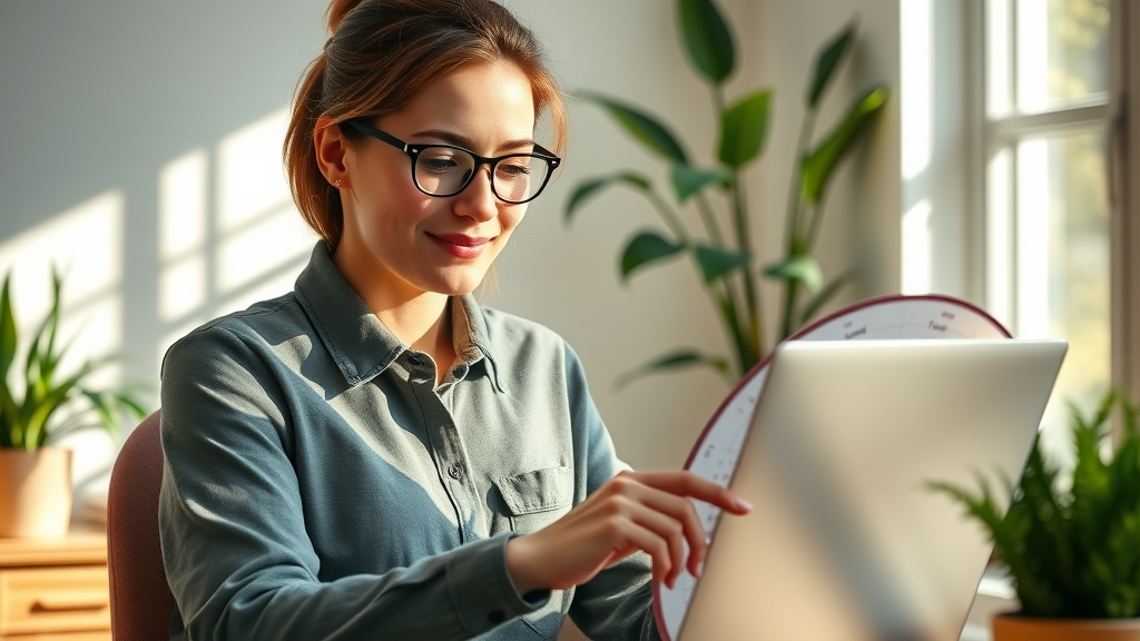 Professional in a home office using a cyclical calendar for sustainable daily routine