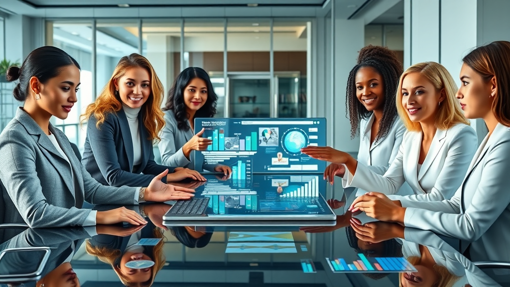 Inspirational group of diverse female executives collaborating around a digital table, digital advancements for women executives, modern boardroom