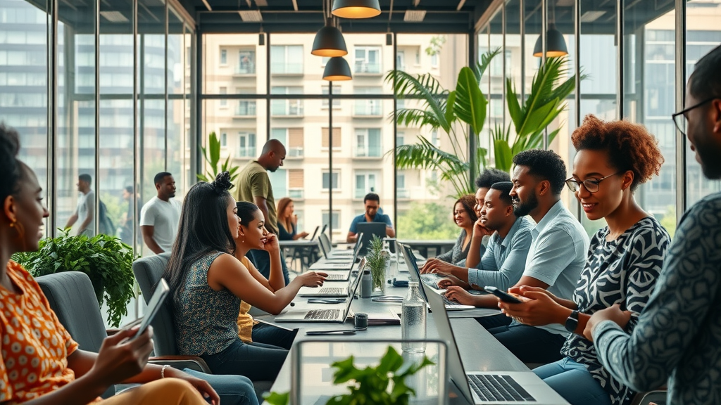 Modern African co-working hub showing balanced digital entrepreneurship and face-to-face conversation, promoting Ubuntu values