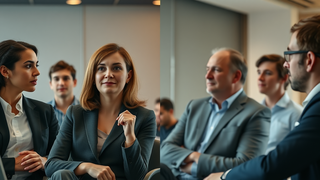 Contrasting groups of venture capital leaders comparing strategies in a professional conference setting, side by side, female-led vc funds africa vs male founders