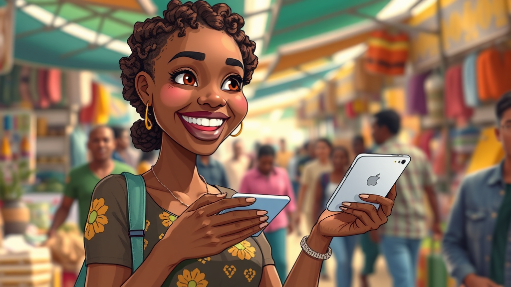 Successful African female entrepreneur presenting a tech innovation product in a vibrant marketplace, led startups female-led vc funds africa