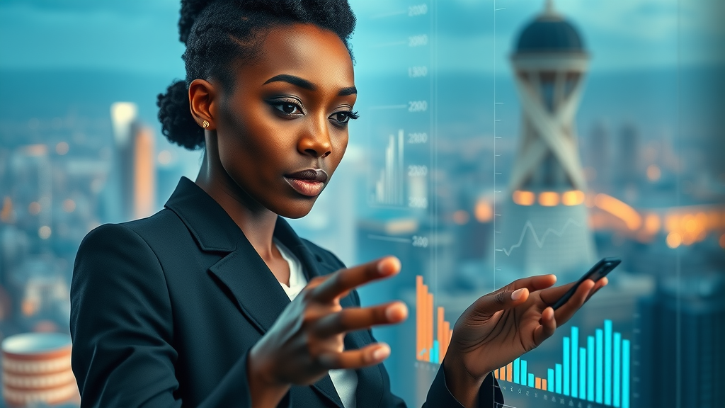 Visionary African businesswoman analyzing digital charts on transparent futuristic screen, surrounded by a futuristic cityscape and data streams.