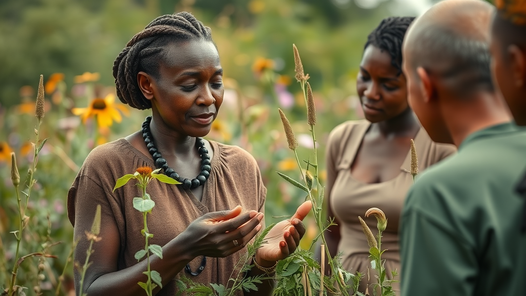 African herbalist explaining plants in a serene natural setting demonstrating sustainable farming practices