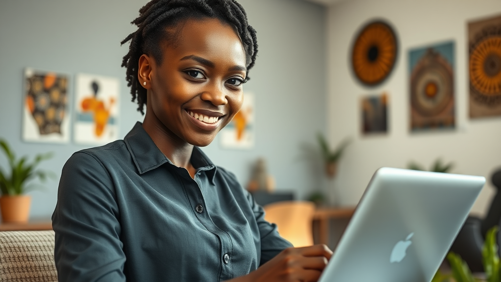 Inspirational portrait of an African woman entrepreneur in a modern workspace using digital device, technology adoption in African women-led businesses