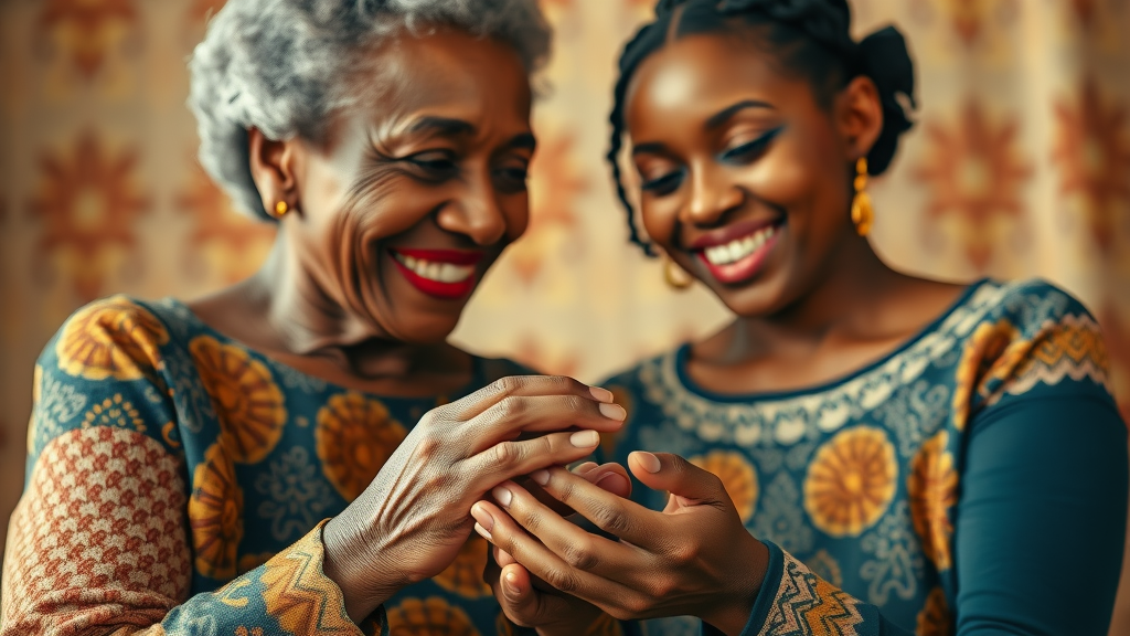 elderly and young africana women exchanging wisdom and traditional handcrafted item