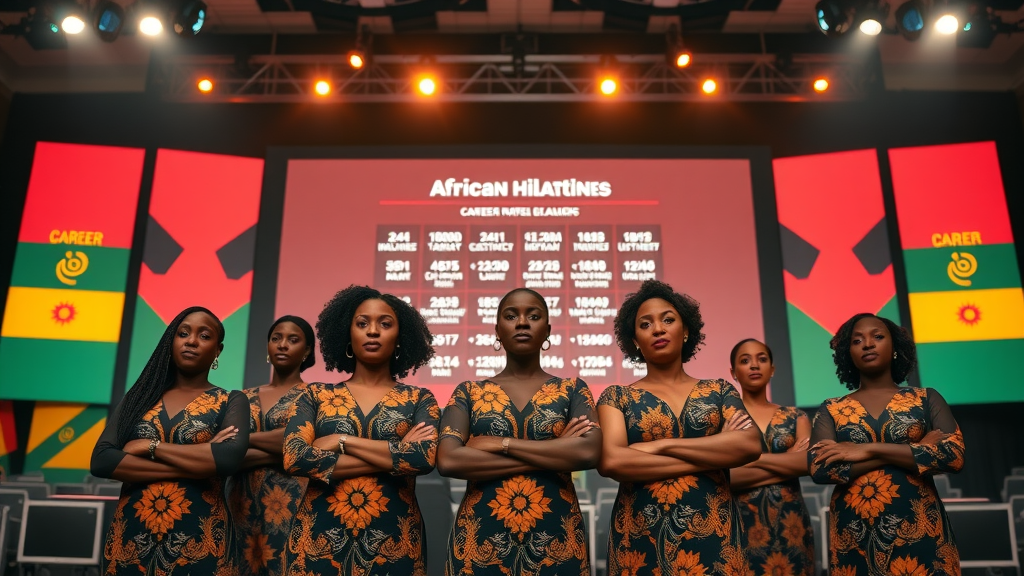 Inspirational African women leaders standing confidently in front of a digital screen displaying career milestones on a large conference stage with African flags.