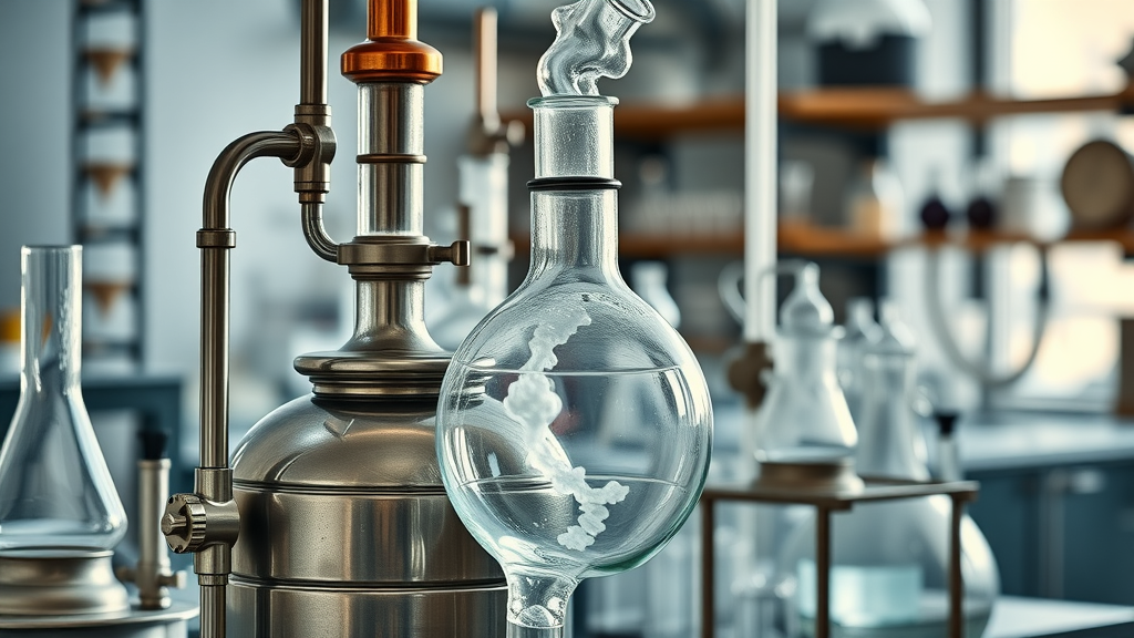 Close-up of steam distillation process showing detailed apparatus in laboratory setting