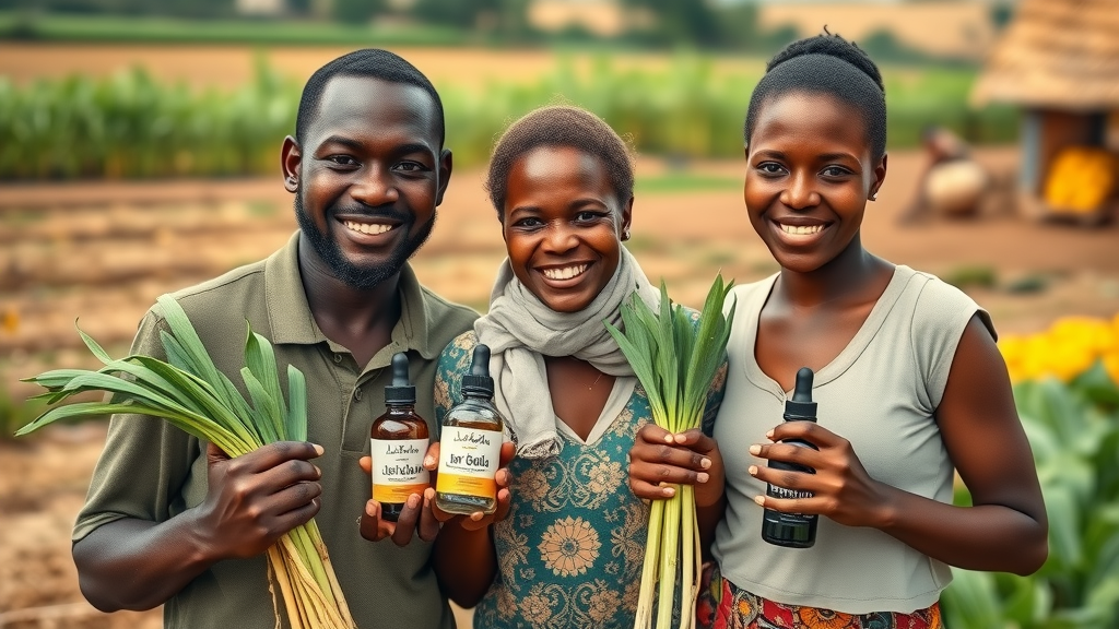 Happy Ugandan farmer family showcasing bottles of essential oil and fresh lemongrass from sustainable farming practices