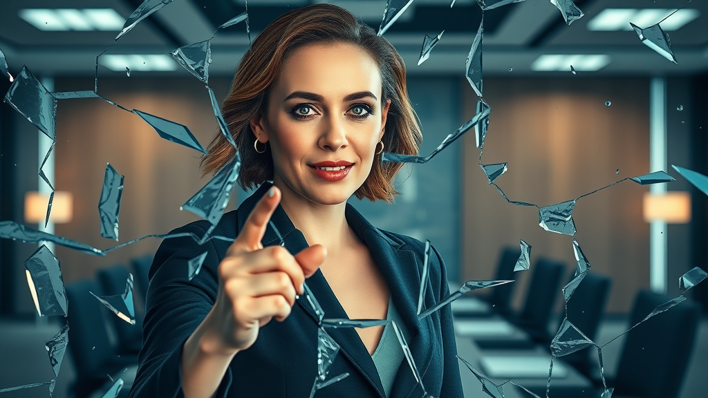 Confident female leader breaking through digital glass barriers, gender diversity, digital literacy in leadership