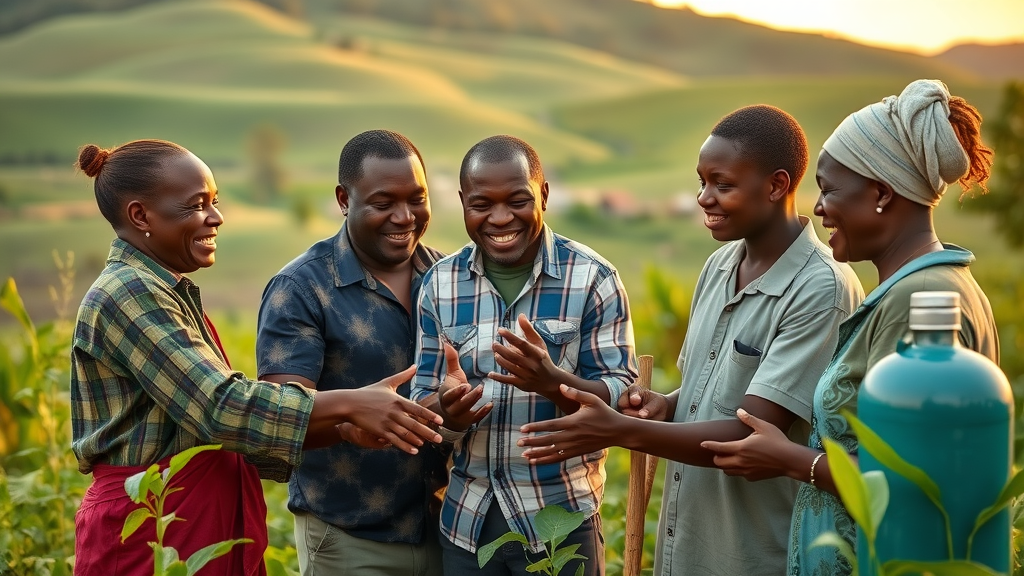 Joyful farming community in Uganda collaborating on steam distillation process