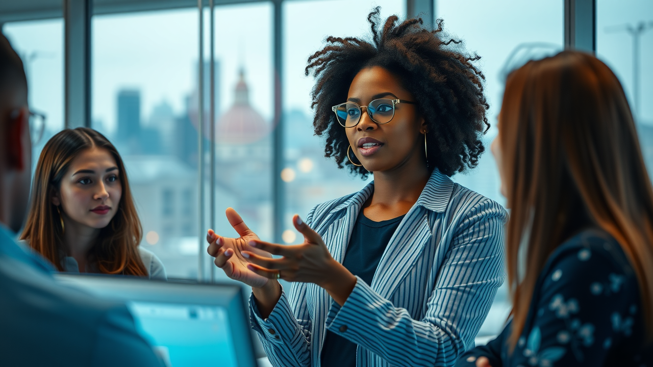visionary African tech startup founder presenting innovative digital ideas, digital transformation for African entrepreneurs in a modern office setting