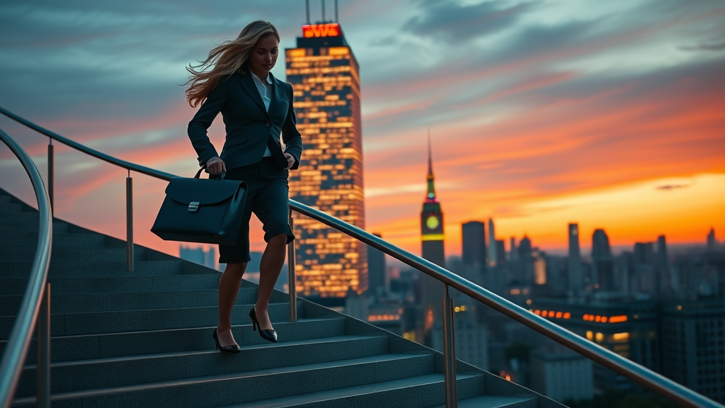 Dynamic woman leader ascending stairs, empowered and determined, carrying briefcase upward toward illuminated office building. business growth for women leaders.