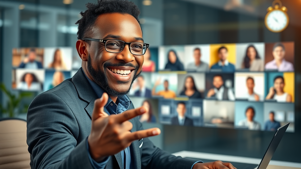 African manager international team meeting virtual collaboration floating windows time zones