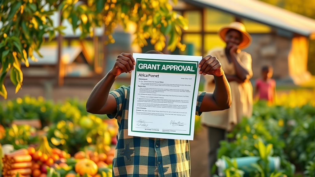 Joyful African farmer proudly holding grant approval document reflecting value addition success