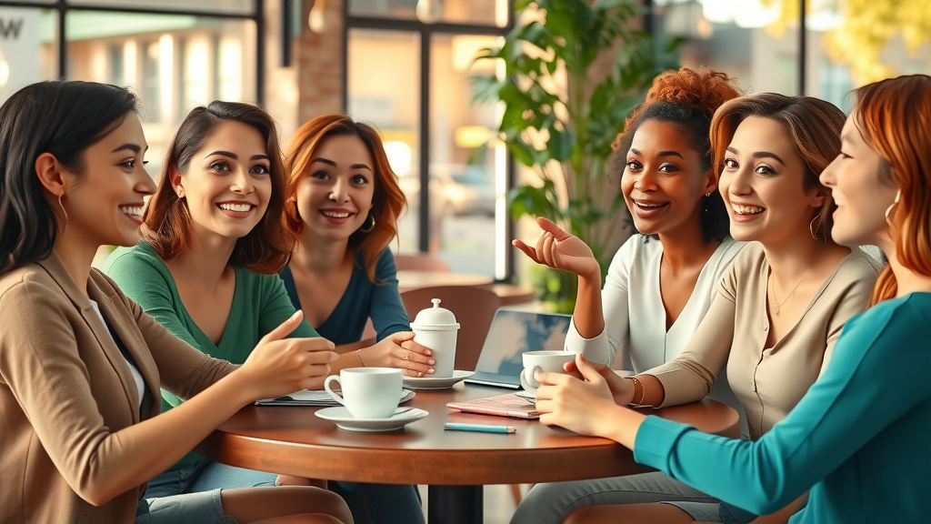 Inspiring group of women discussing life balance and strategies over coffee
