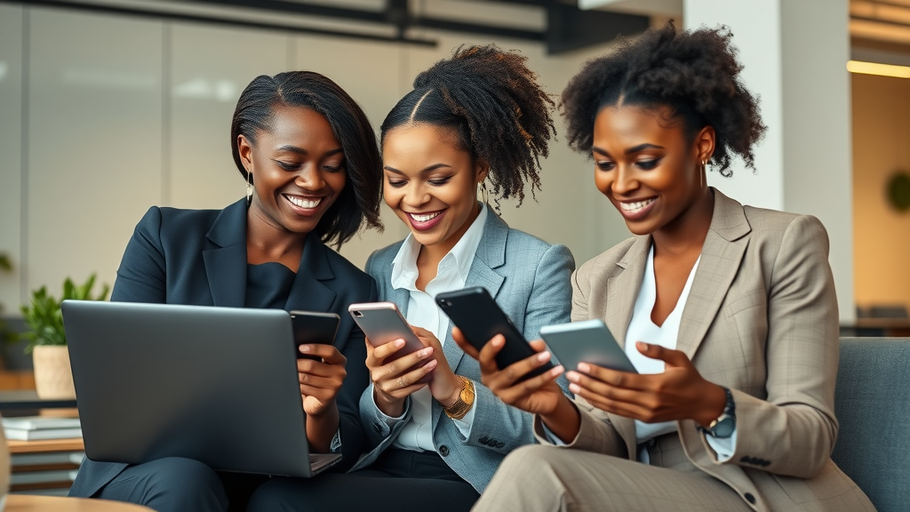 Empowered African women discussing over laptops, digital transformation in African women-led businesses