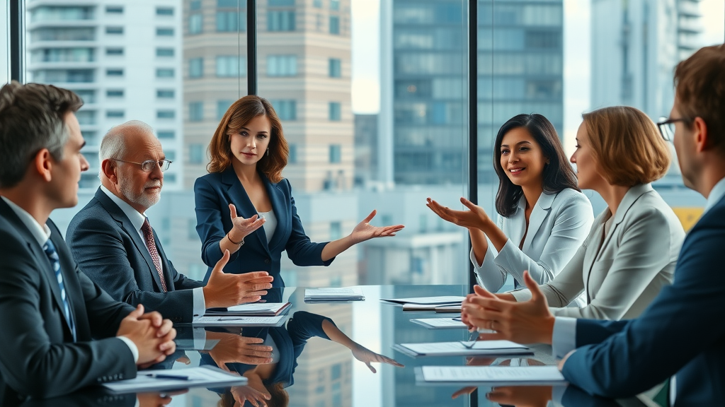 Assertive woman negotiating at a conference table, leading a discussion with executives. negotiation; leadership strategies for women executives.