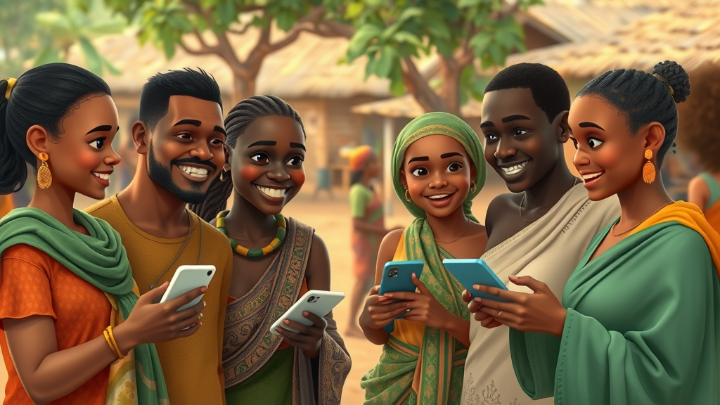 Warm African village scene where people interact joyfully, holding digital devices while talking face-to-face; highlights balancing digital entrepreneurship with human connection