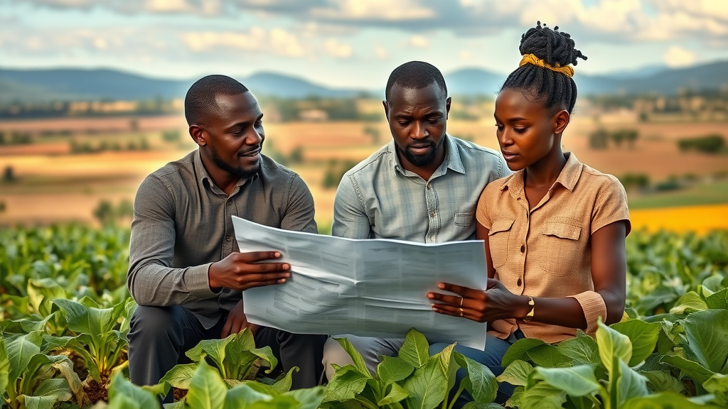 Hopeful Ugandan entrepreneurs reviewing agricultural plans in sustainable farming practices environment