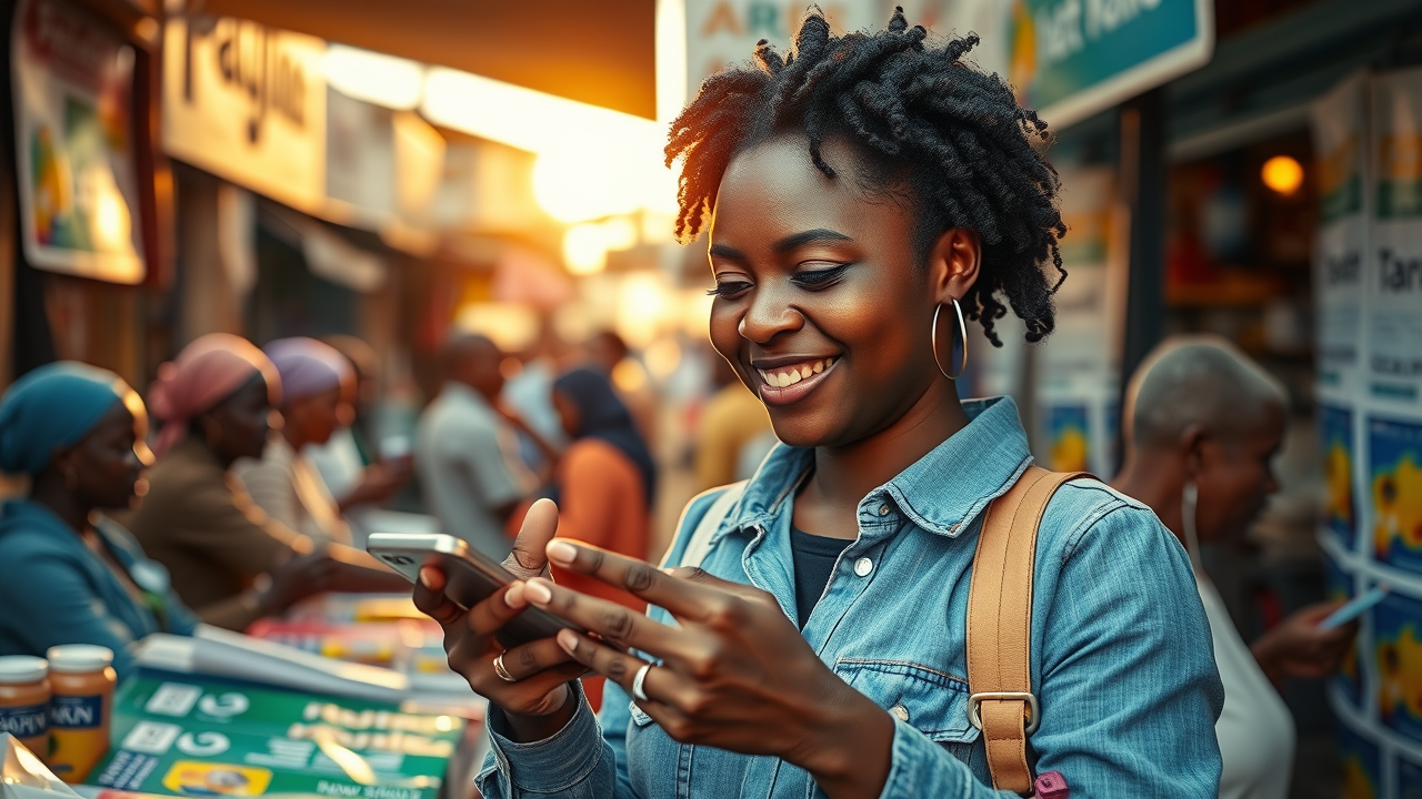 dynamic African business owner using mobile money app, digital transformation for African entrepreneurs in a lively market