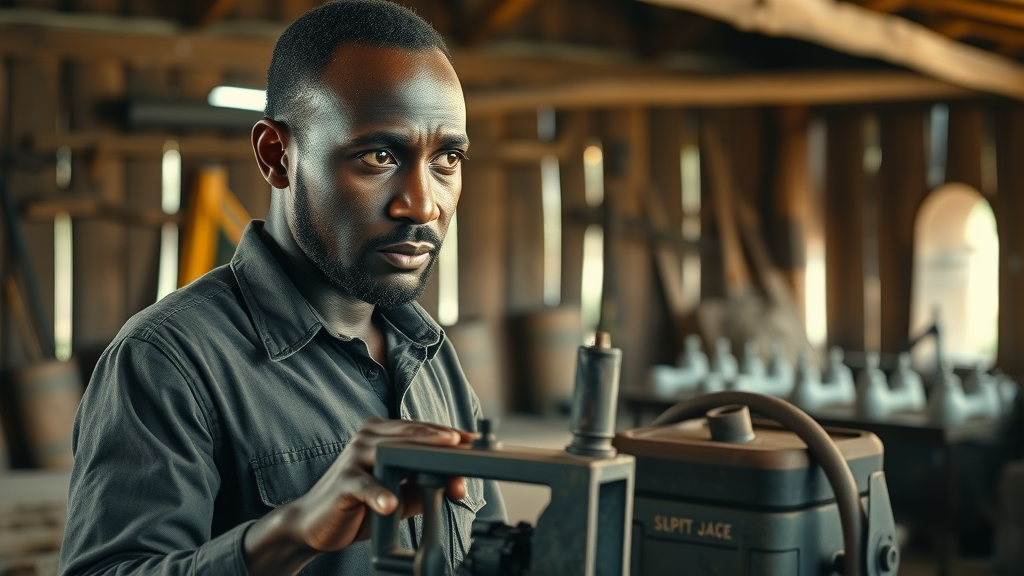Farmer troubleshooting value addition processing equipment in rustic workshop