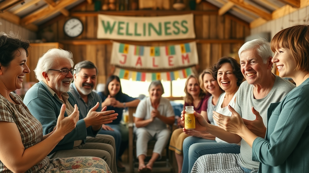 Community group meeting discussing natural wellness products with joyful engagement