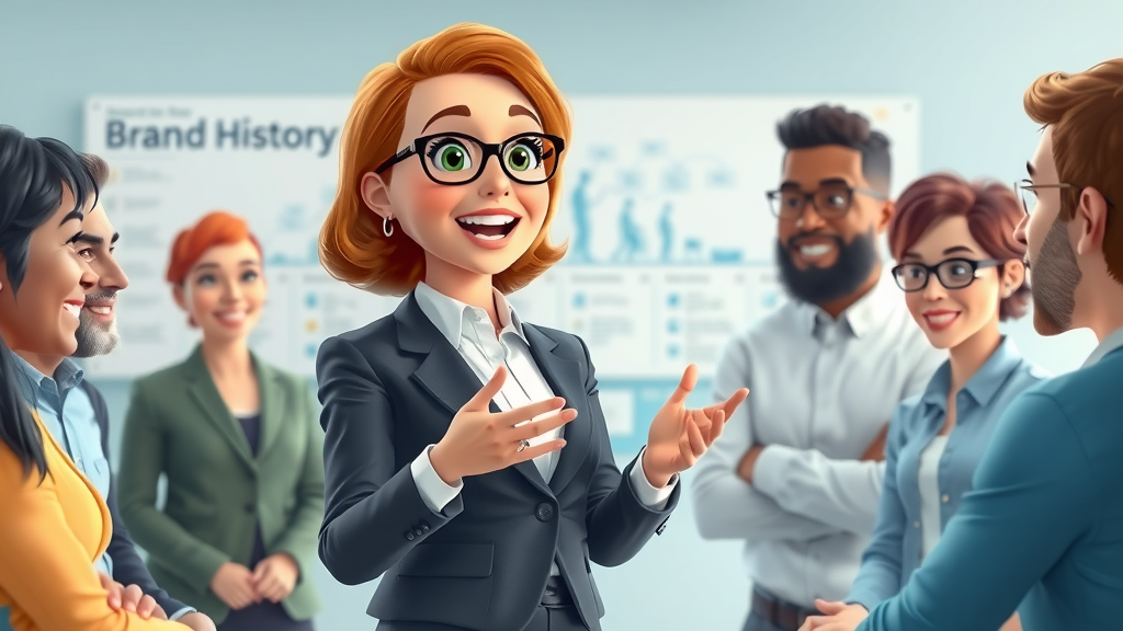 animated businesswoman building brand story for business growth - Storyteller shares company history to engage diverse team audience
