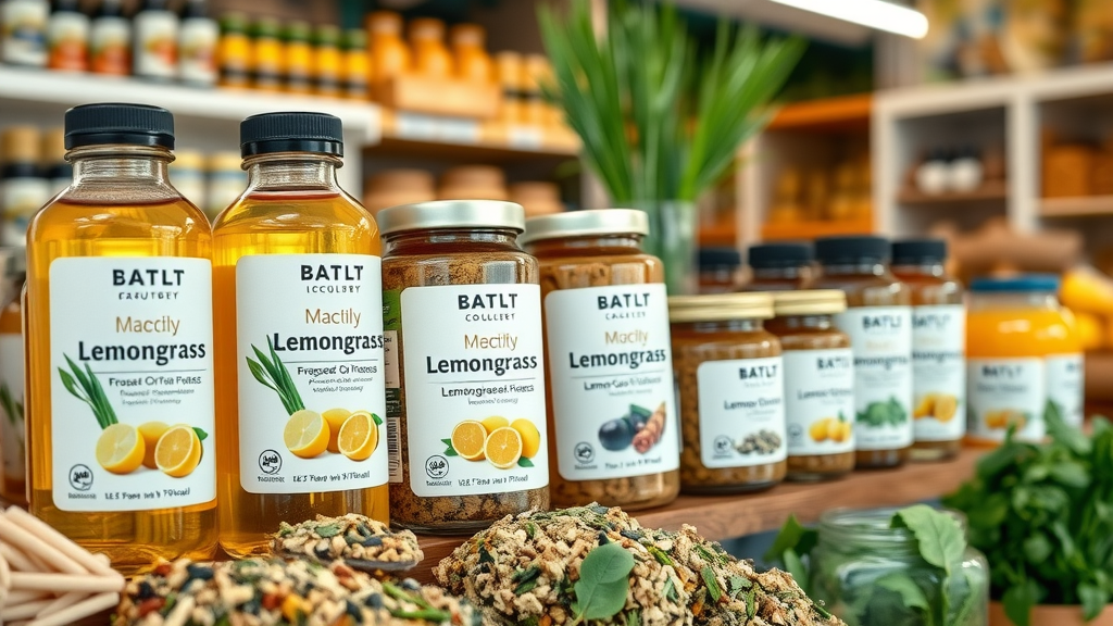 Close-up of packaged lemongrass essential oil and dried herbs as value-added farming products