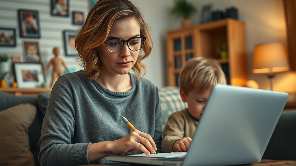 Working mother multitasking between laptop and child, reflecting work-life balance for women at home
