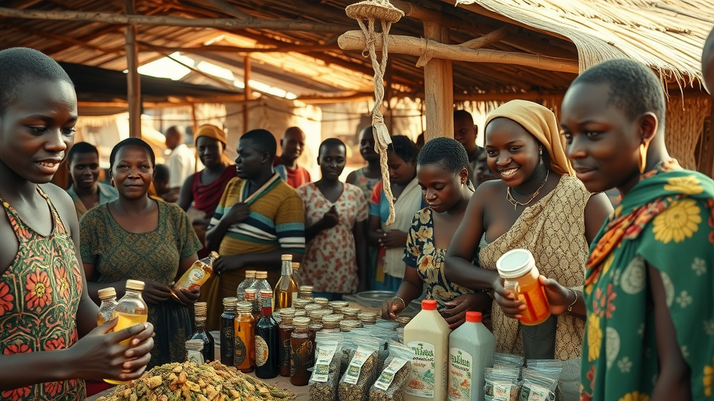 Ugandan village market with value-added farm products like essential oils and packaged herbs