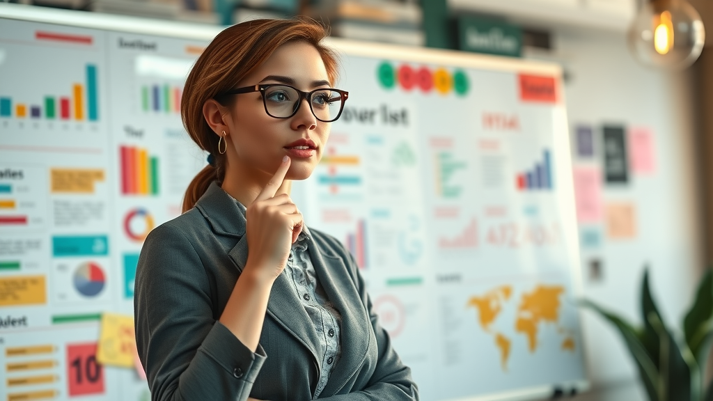 ambitious woman entrepreneur demonstrating sustainable success planning at a whiteboard