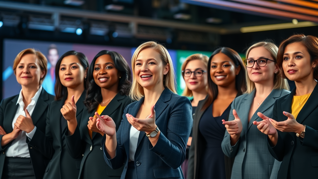 Diverse female business leaders sharing exclusive women in business mindset insights on a conference stage