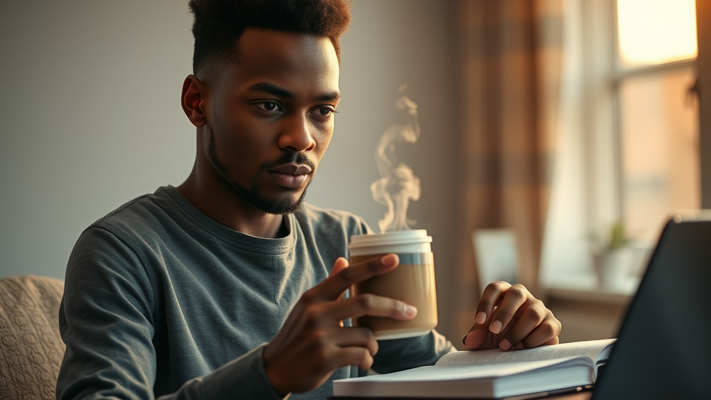 African entrepreneur journaling at sunrise in a serene home workspace to support life balance and strong boundaries