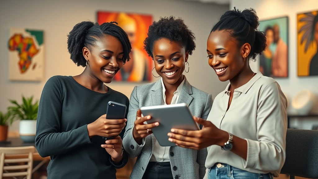 Confident African women entrepreneurs collaborating using digital technology in a modern co-working space, decorated with tech devices and vibrant African art.