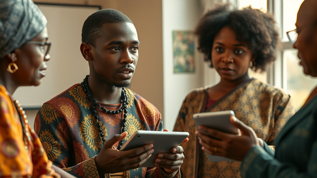 Inspired young African innovator discussing digital solutions with elders, blending kente textiles and tablets, a fusion of tradition and technology