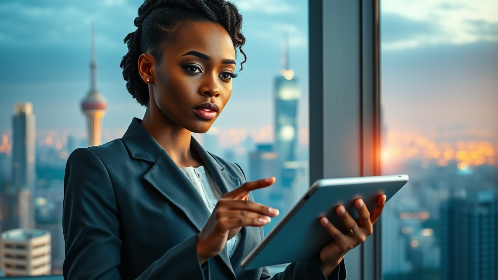 Visionary African businesswoman presenting on a digital tablet, technology adoption for economic empowerment in African women-led businesses