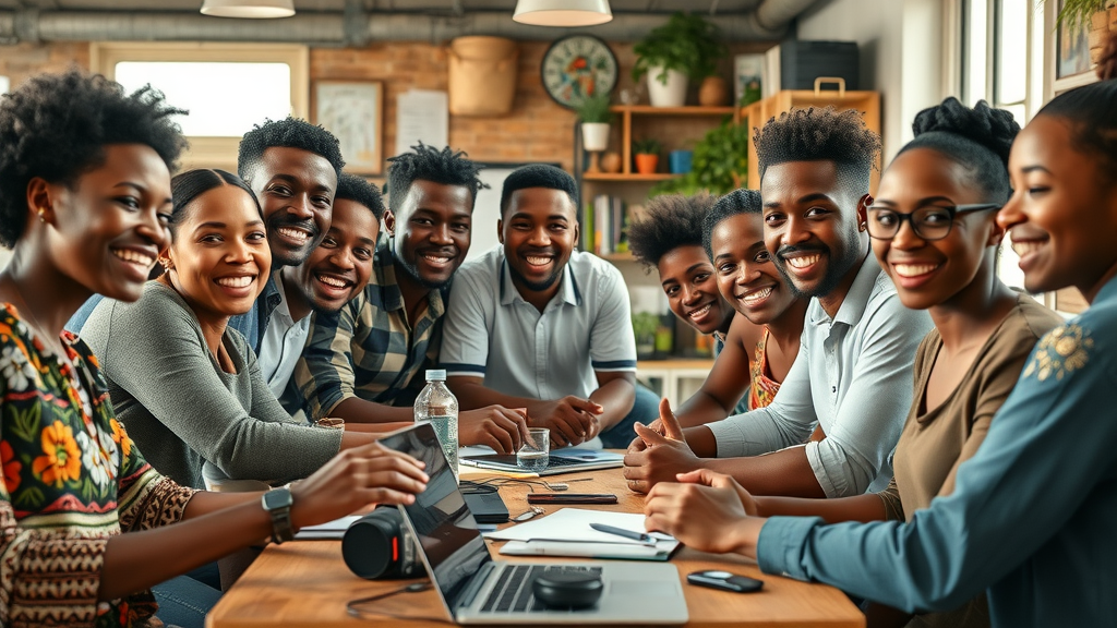 Motivated young African entrepreneurs collaborating in a creative studio, blending technology and crafts, embodying sustainable digital entrepreneurship