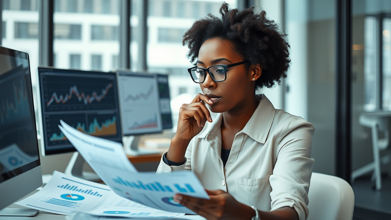 Small business owner managing money systems for small business with financial charts and documents