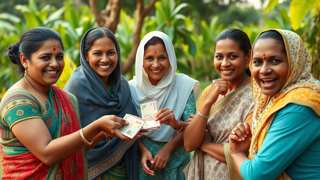 Women empowered through saving groups exchanging money in rural community,