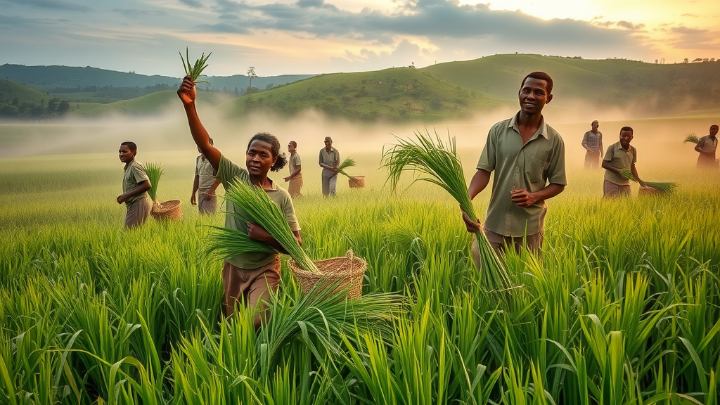 Farmers harvesting lemongrass essential oil in Ugandan rural landscape