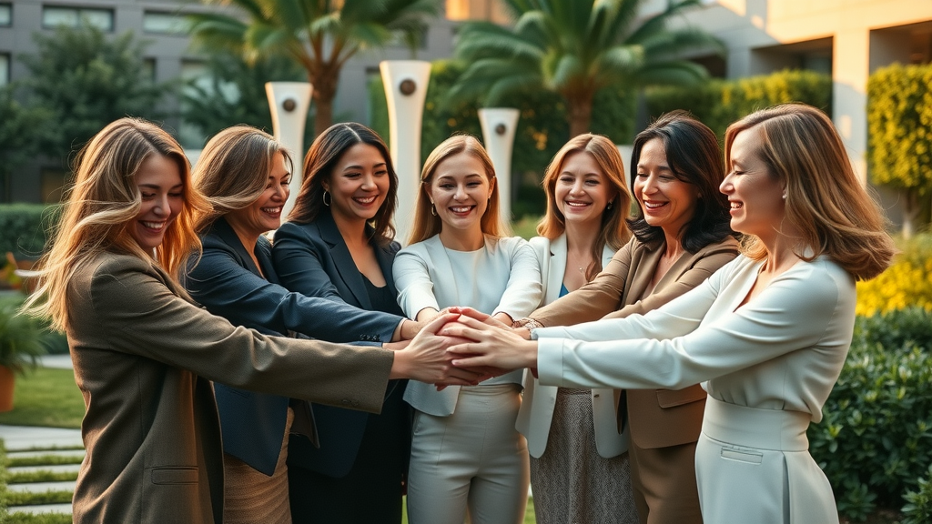 Supportive circle of women executives interlocking hands in unity. Support system for women in leadership positions.