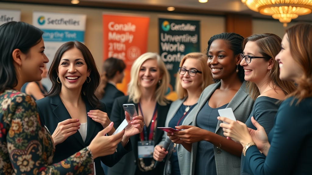 Energetic networking event with diverse women executives exchanging business cards and ideas. Women in leadership.