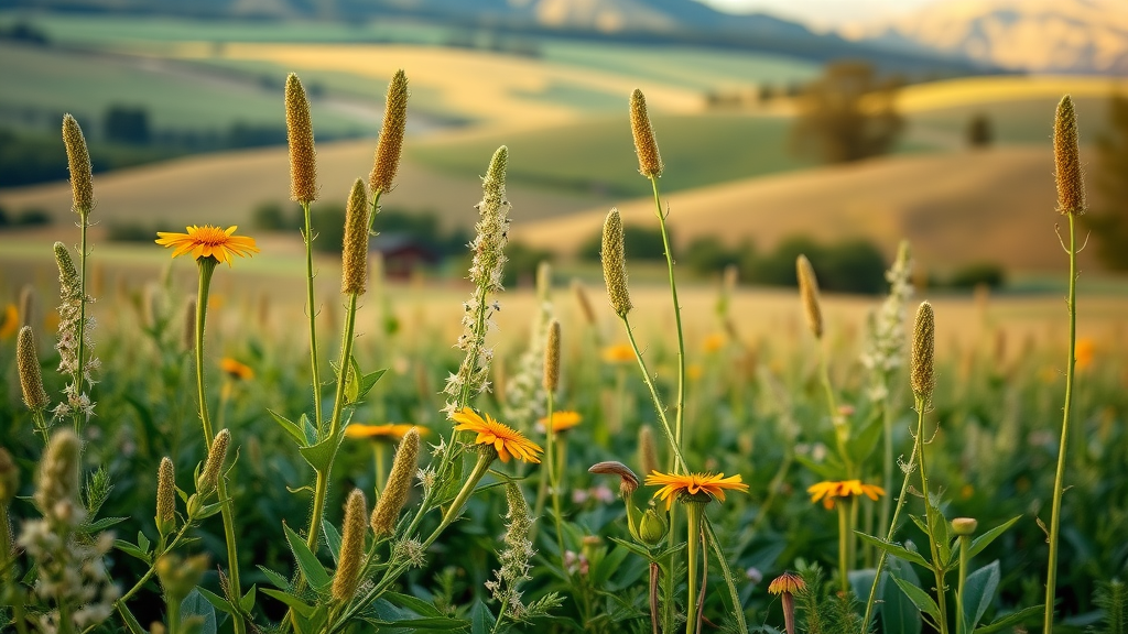 Inviting natural wellness products green landscape showing vibrant healthy plants and bright wildflowers in a rich countryside
