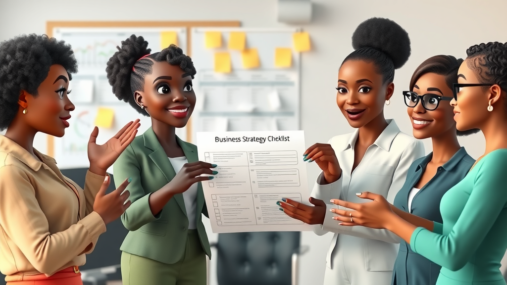 motivated African women entrepreneurs reviewing business success strategies, animated group planning checklist