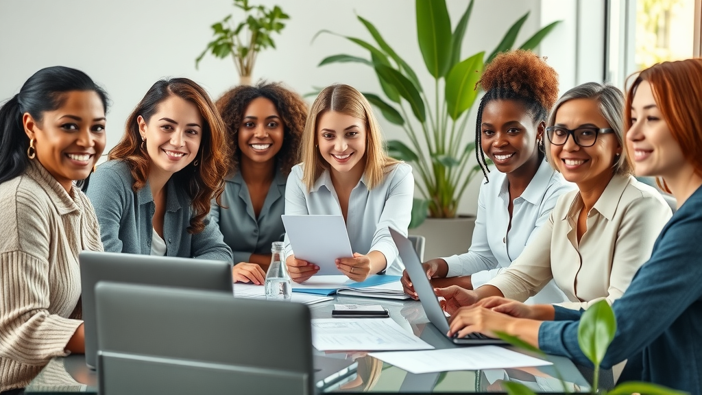 empowering group of diverse professional women collaborating around a table using sustainable success systems